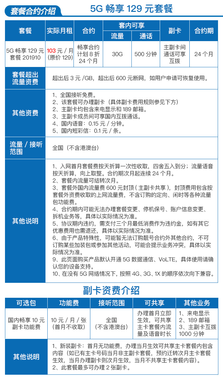 5g畅享129元套餐201910【号卡,流量,电信套餐,上网卡】- 中国电信网上